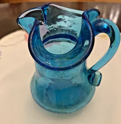 Buy Vintage Blue Crackle Glass Mini Pitcher/ Bud Vase/creamer- Beautiful!! • 5.30£