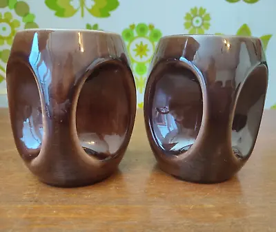 Buy Pair 2 X Holkham Pottery OWL EYE Mugs Cups Brown Glaze Vintage Retro T106 (A) • 18£