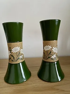 Buy Pair Of Lovatts Langley Stoneware Vases  Green Floral Textured C1920s 9”Inches • 8.50£