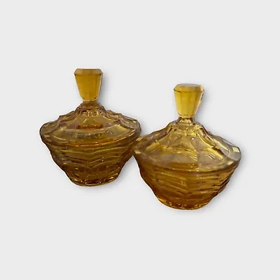 Buy Vintage Amber Glass Trinket Pots With Lids Pressed Vanity Dressing Storage • 14.99£