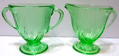 Buy Vintage Hazel Atlas Glass Creamer & Open Sugar Set Royal Lace Green Depression • 42.19£