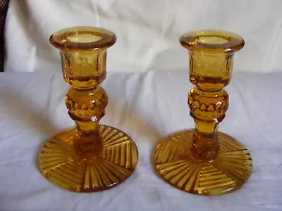 Buy Pair Of Vintage Amber Glass Candlesticks • 11.85£