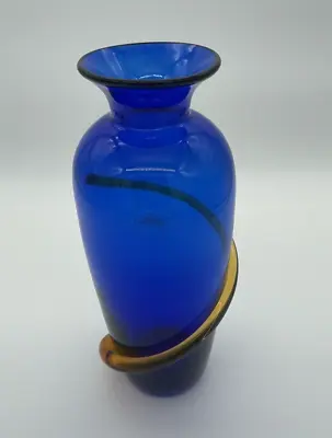 Buy VTG Signed Richard Blenko 2000 Hand Blown Cobalt Blue Vase Amber Applied Swirl • 66.24£