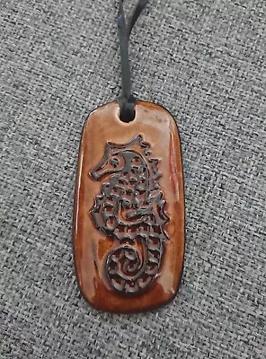 Buy Vintage Guernsey Pottery Brown Seahorse Ceramic Glazed Necklace Pendant Thong • 15£