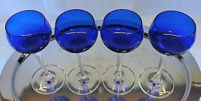Buy Set Of 4 Handblown Cobalt Blue And Clear Twisted Stem Hock Glasses • 35£