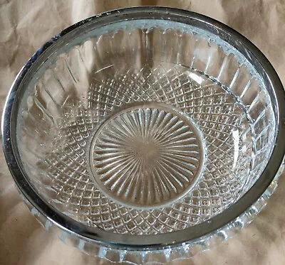 Buy Heavy Cut Glass Vintage Round Fruit Bowl Silver Colour Metal Rim May Plated • 8.99£