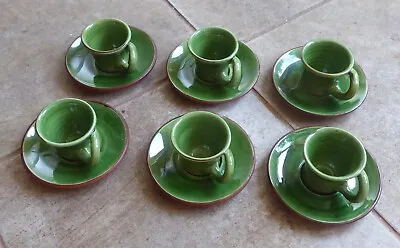 Buy Ewenny Pottery, Wales - Vintage Set Of 6 Green Espresso Coffee Cups & Saucers • 18.50£