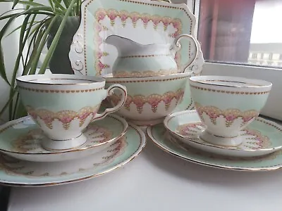 Buy Vintage Tuscan English Bone China Green Pink Floral Painted Tea Set Tea Cups  • 14.99£