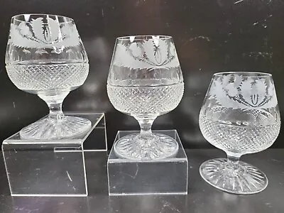 Buy 3 Edinburgh Crystal Scotland Thistle Cut Brandy Snifter Glasses Clear Etched Set • 383.49£