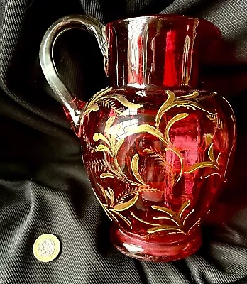 Buy 1950s Mid Century Cranberry Jug With Gold Floral Etching • 15£
