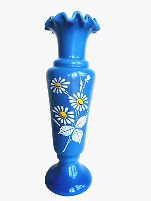 Buy Victorian Blue Glass Vase Hand Painted Daisies Flower Scalloped Wedge 6 1/2      • 28.99£