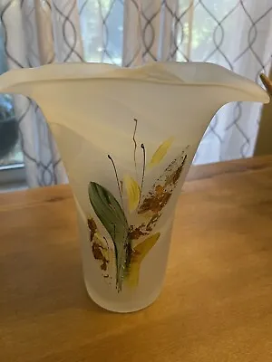 Buy Murano Art Glass Frosted 10”in Vase Hand Painted  VTG Yelow Flower • 48.05£