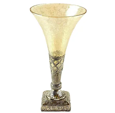 Buy Vintage Crackle Glass Trumpet Vase Embossed Metal Base Hollywood Regency 15  • 81.58£