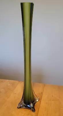 Buy Mid Century, Vintage, Square Foot, Stem Vase, 1970s, Green And White Art Glass. • 9.99£