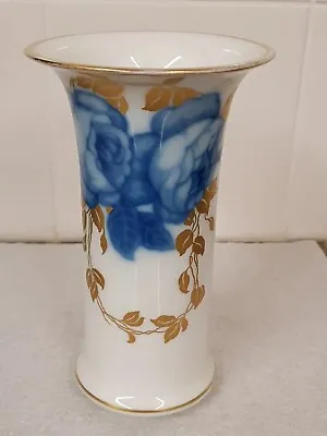 Buy Rosenthal Porcelain Trumpet Vase Blue Flowers Gilded Leaves 1928 Backstamp • 20£
