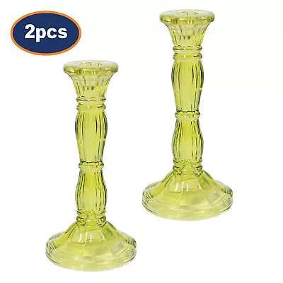 Buy Set Of 2 Bohome Green Glass Vintage Style Taper Candle Stick Candlestick Holder • 16.95£