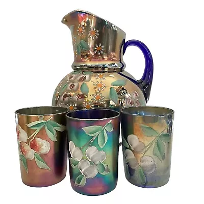 Buy Vintage Northwood Hand-Painted Cobalt  Blue  Carnival Glass Pitcher W/3 Tumblers • 123.93£