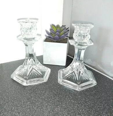 Buy Pair Vintage Heavy Pressed Glass Clear Hexagonal Tapered Candlestick Holders  • 21.95£