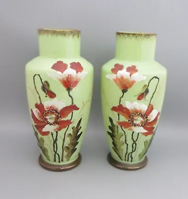 Buy A Pair Of Antique Hand Painted Green Opaline Glass Vases - Flowers - Bohemian • 69.99£
