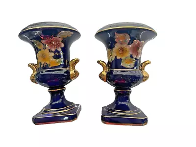 Buy Pair Of Large Portugal Pedestal Urn-Shaped Pottery Vases Blue And Gold, Floral • 9£