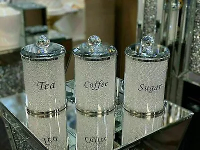 Buy Crushed Diamond Crystal Tea Coffee Sugar Canisters Jars White Sparkly Bling Set  • 29.99£