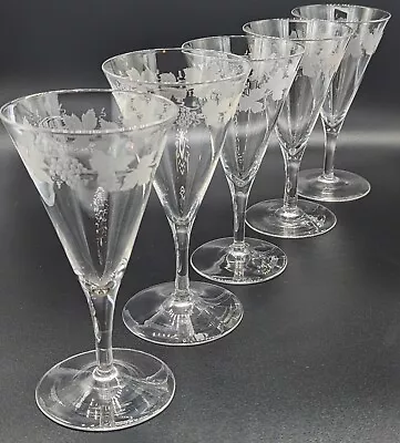 Buy 5 Beautiful Early Victorian Small Wine Glasses With Vine Engraved Funnel Bowls. • 175£