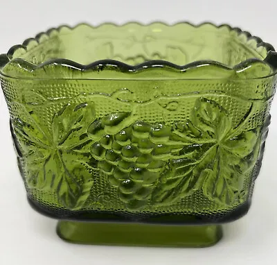 Buy Vintage INDIANA FOOTED SQUARE GREEN  GLASS BOWL WITH HARVEST GRAPES AND LEAVES • 14.41£