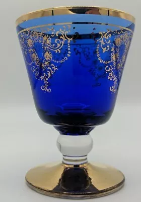 Buy Potentially Mid Century Cobalt Blue Pedestal Glass With Gold Trim Clean A1 UK ⭐⭐ • 13.95£
