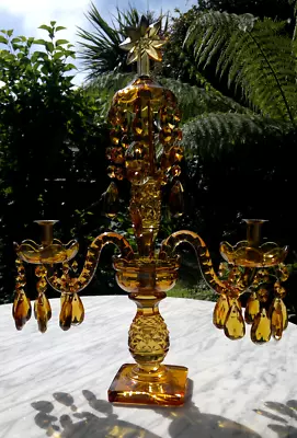 Buy Rare Antique English Cut Amber Glass Two Branch Candelabra Girandole Light • 395£