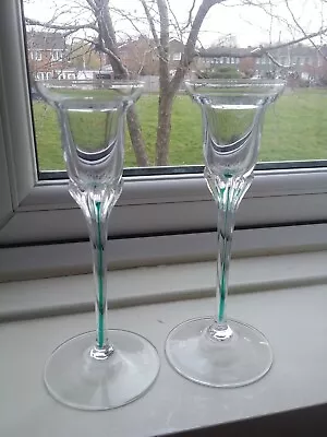 Buy A Delicate Pair Of Clear And Green Glass Stemmed Candleholders • 10£