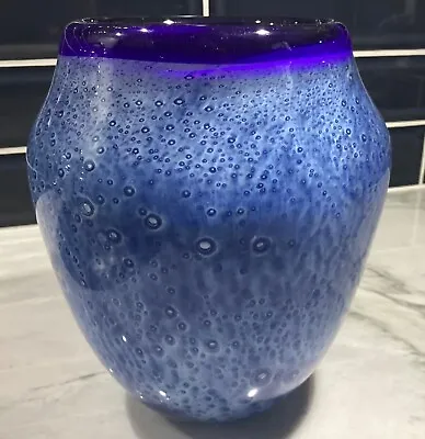 Buy Vase Hand Blown Blue Cased With Deep Blue Rim 8” • 36.44£
