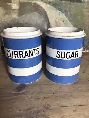 Buy T G Green Cornishware Blue White 2 X Storage Jars CURRANTS SUGAR Vintage Old • 40£
