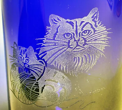 Buy Cobalt Blue Glassware Tumbler Etched Cats Kitties Yarn Ball Highball Glass 4 1/8 • 23.74£