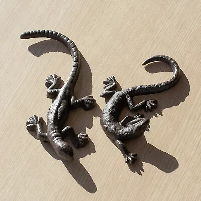 Buy Set Of 2 Cast Iron Lizard Ornaments Small Standing Wall Mounted Garden Figures • 18£