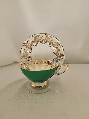Buy England Royal Standard Fine Bone China Teacup & Saucer -Green Cup W Gold Etching • 18.89£