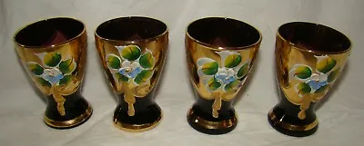 Buy Vtg Bohemian Amethyst Flower Shot Glass Hand Painted Gilt Enamel Moser Style Set • 28.46£