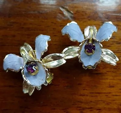 Buy Vintage Purple Enamel Rhinestone Exotic Orchid Flower Clip On Earrings -N240 • 6£