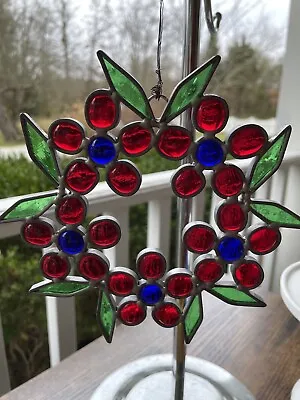 Buy Vintage Stained Glass Holiday Berry Wreath Suncatcher Leaded  • 46.64£
