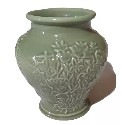 Buy Longaberger Pottery Vase Sage Green Celadon Floral Embossed Footed 6  • 28.59£