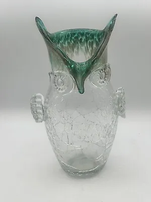 Buy Hand Blown Crackle Art Glass Vase Owl Clear & Teal Gold Flecking • 41.34£