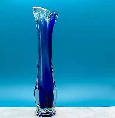 Buy Vintage Cobalt Blue & Clear Hand Blown Glass Swung Vase • 32.50£