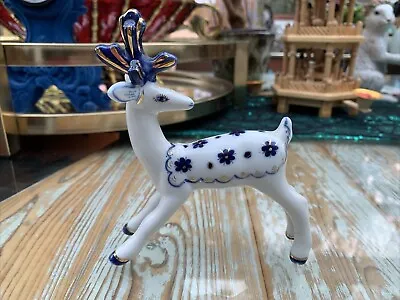 Buy Gold,White & Blue Stag Figurine - Made In USSR - Russian Gzhel Art Pottery • 7£