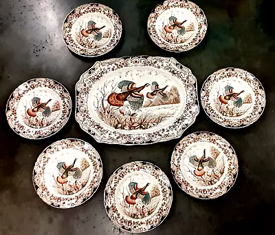 Buy 8-pc Lot Johnson Bros. Windsor Ware Wild Turkeys Huge Platter & Dinner Plates • 378.82£