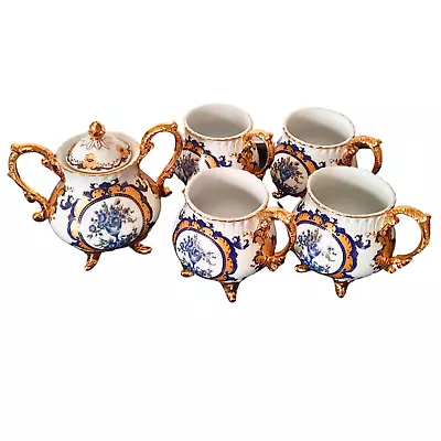 Buy RK Dresden RARE Cauldron Shape Cup Mug Cobalt Gold Gilt Set Of 4 With Sugar Bowl • 330.87£