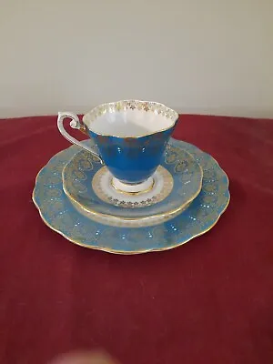 Buy Royal Standard Bone China England Bold Turquoise & Gold  Footed Cup Saucer Salad • 109.23£