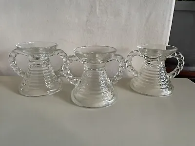 Buy 3 X Vintage Pressed Glass Candle Holders With Patterned Handles • 15£