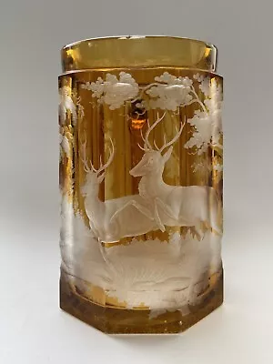 Buy A/F Antique Bohemian Amber Cut Glass Tankard - Scenes Of Deer & Foliage 5” • 19.99£