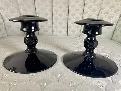 Buy Vintage Cambridge Glass Pair Of Black Amethyst Glass Taper Candle Stick Holders • 20.82£