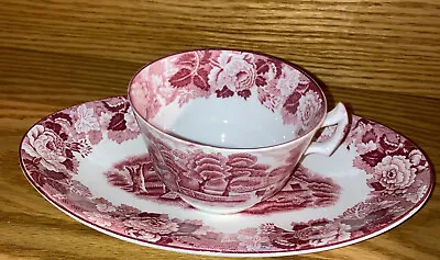 Buy Vintage Pink/Red Enoch Woods English Scenery Woods Ware Cup Oval Plate • 13.23£