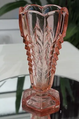 Buy Large Davidson Chevron Pink Peach Clear Glass Pedestal Vase Art Deco Pattern 295 • 15£